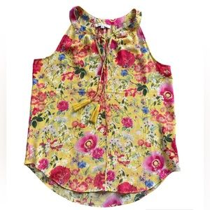 Rose & Olive Yellow Floral Sleeveless Tassel Tie Blouse Size Medium